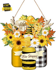 Bee Welcome Sign Wooden Yellow Bee Sign Bee Flower Gnome Wood Hanging Door Decor