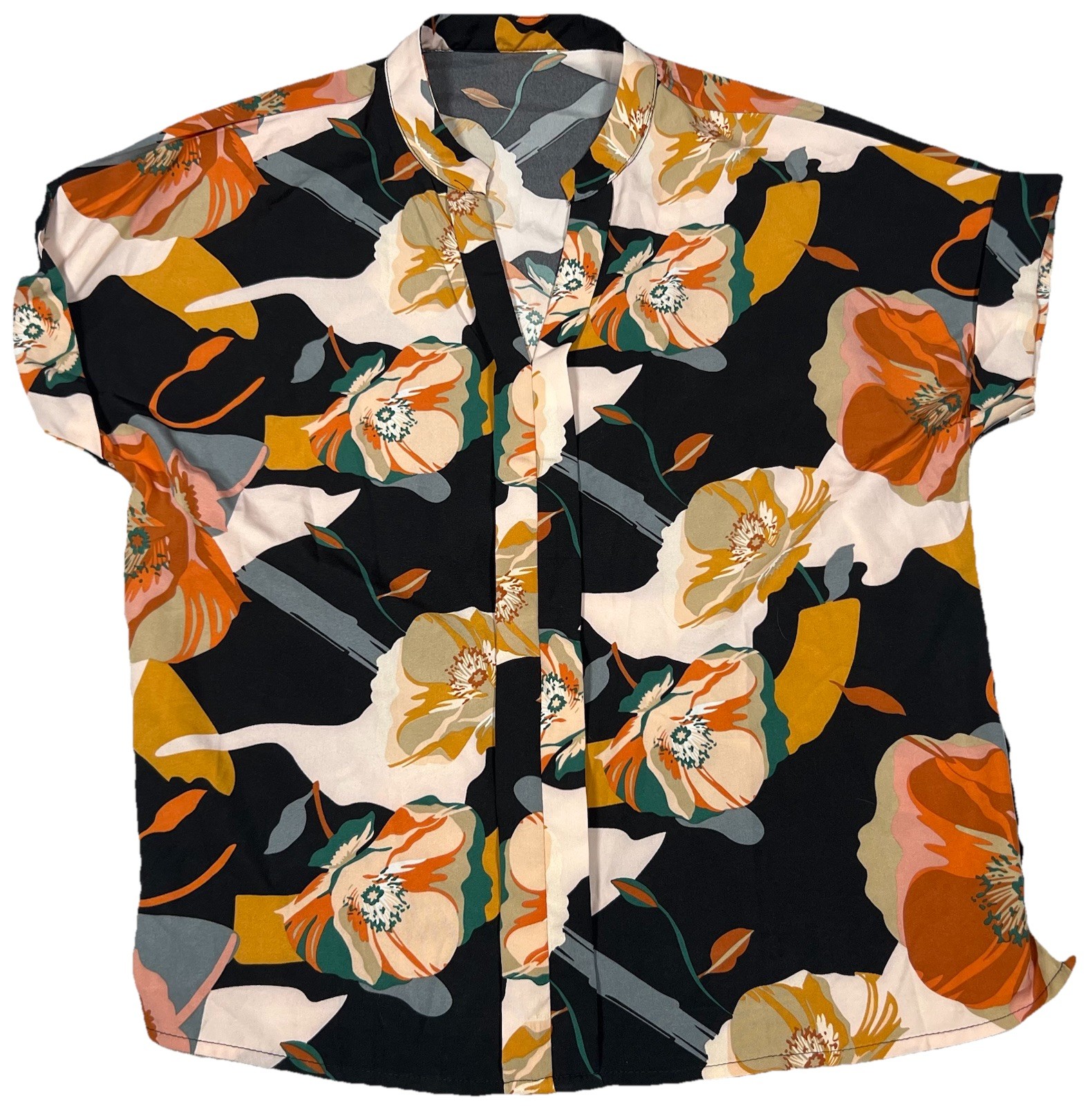 Womens Multicolor Floral V-Neck Short Sleeve Flowy Blouse Size Large