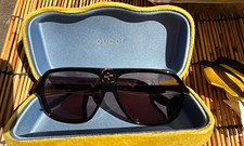 Gucci Oversized Sunglasses Black wood print plastic Frame Brown Tinted w/ Case