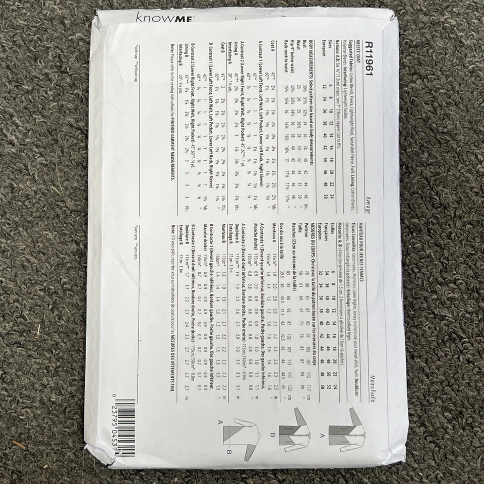 Know Me Sewing Pattern R11961 Misses' Color Block Coat in 2 lengths SZ 16-24 UC - Image 2 of 2