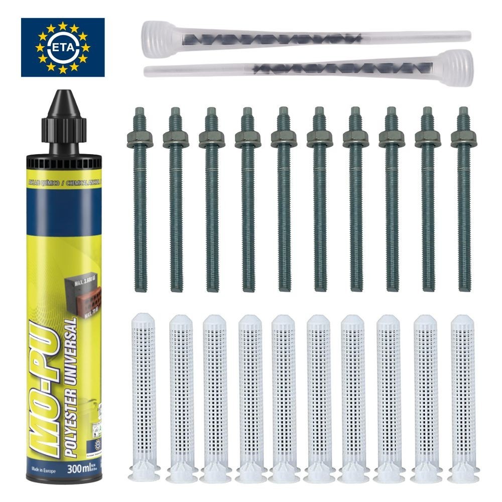 Juego 1x mortero de inyección + 10x barras de anclaje + 10x manguitos de filtro galvanizados / acero inoxidable