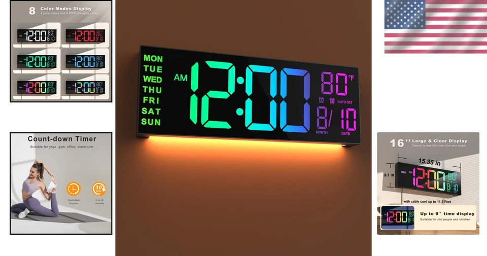 Stylish 16" Digital Wall Mount Clock with Countdown Timer & Temperature Display - Image 2 of 4