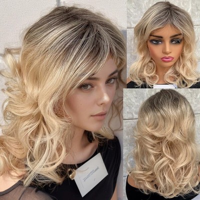 Fashion Wavy Dark Roots Blonde Human Hair Blend Heat Ok Wigs WOmen Soft Natural
