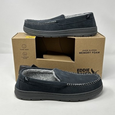 Eddie Bauer Men s Moc Slippers Charcoal Suede Faux Fur Lined Memory Foam M 8-9