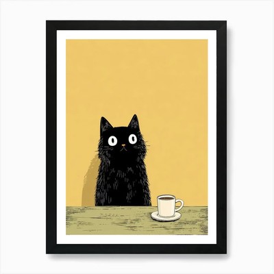 Schwarze Katze mit Tasse Kaffee 3 Kunst gerahmtes Wandbild Poster Leinwanddruck Bild