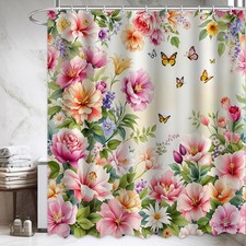 Floral Shower Curtain  Colorful Flower Butterfly Spring Summer Bathroom Decor,