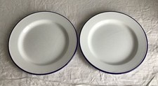 PAIR of Blue Rim White Enamel Round Plates.