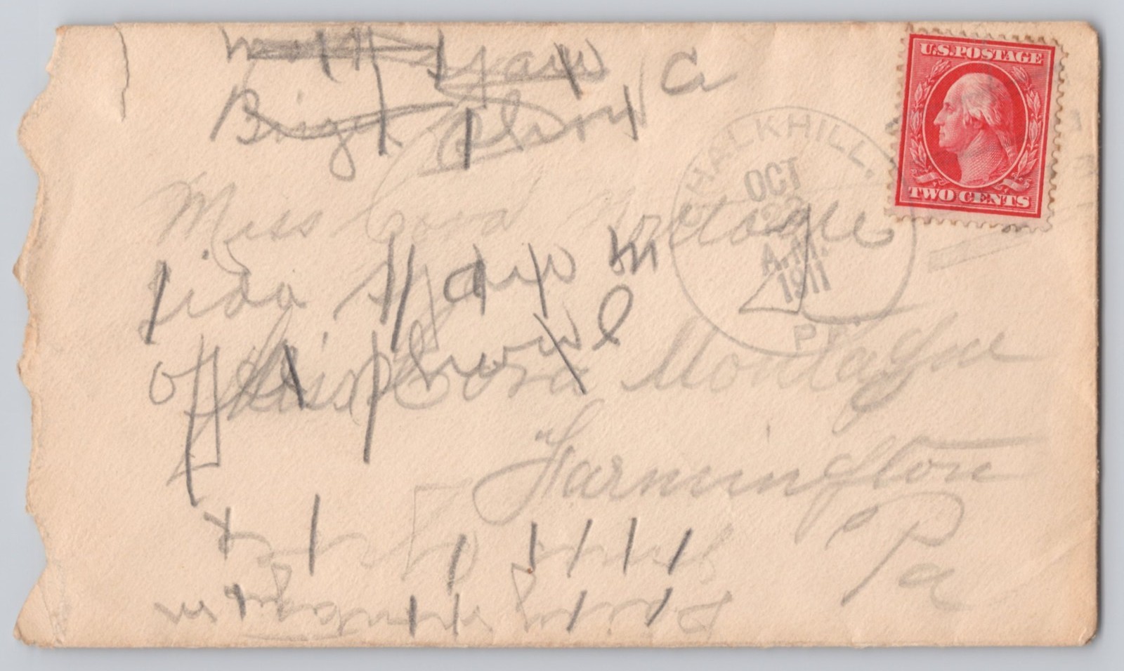 2-cent Washington stamp, pencil scribbles, circular cancel, 1909