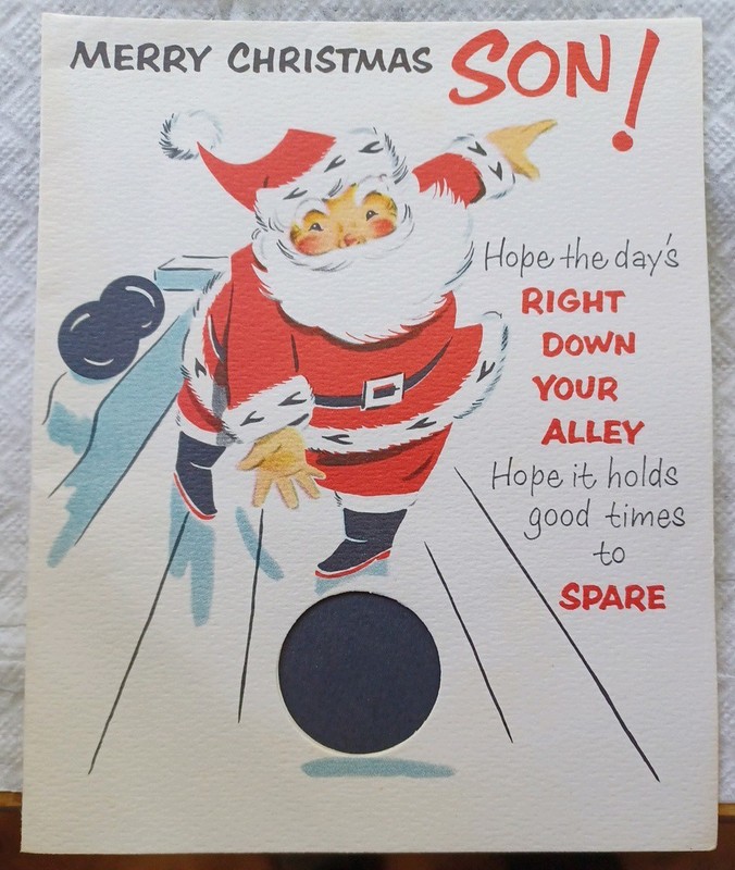 Novelty Santa Claus Bowling Christmas Card. Pop Out Ball & Pin, Norcross 1950's