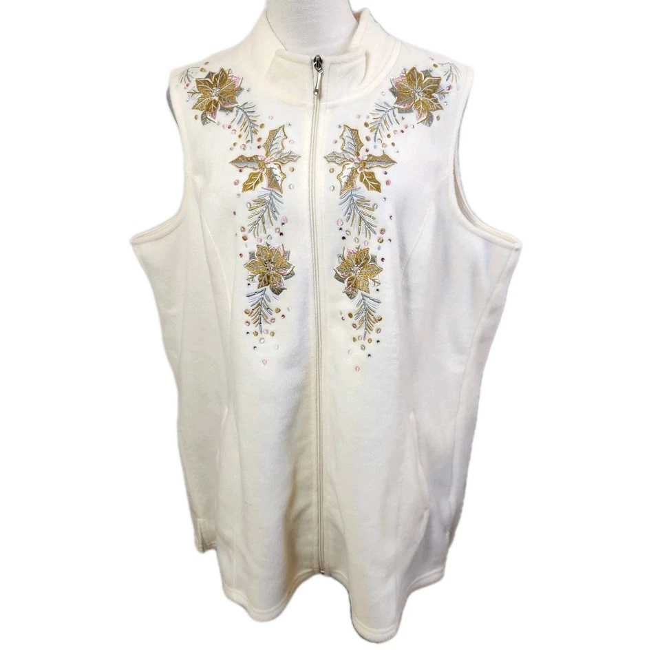 Chaleco polar con cremallera completa Quacker Factory talla 2X Top de vacaciones de invierno bordado con cuentas Foto 4 de 4