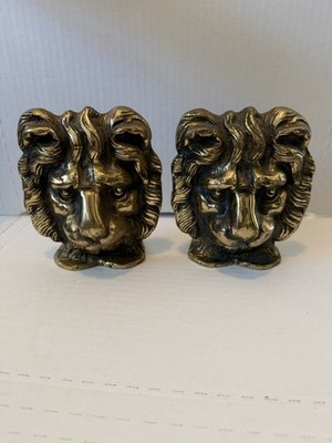 Vtg Pair Lion Head Bookends Heavy Brass Bronze MCM Hollywood Regency England