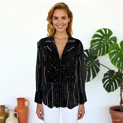 Biba, BIBA Vintage Lagenlook Tunic Top Black Silver Striped Cotton Blend US 10