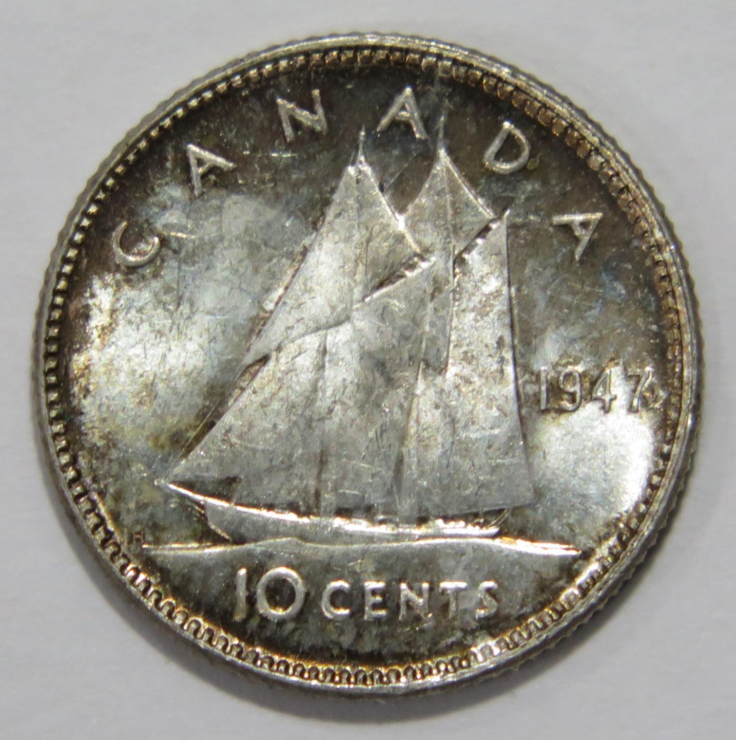 CANADA 1947 10C CENTS MAPLE LEAF SCHOONER KING VI SILVER COIN