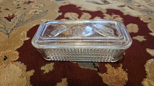 Vintage Federal Glass 1970 Refrigerator Dish 8.5x4" Embossed Vegetables on Lid