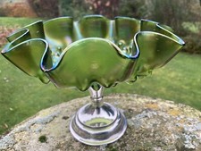 Loetz  Antique Green Iridescent Glass Vase On Hall Marked Silver Stand ,VGC