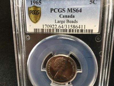 1965 Large Beads (DJ)**,PCGS Graded Canadian, Nickel 5 Cent, **MS