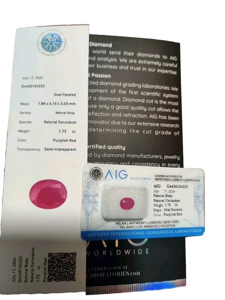 Rubino Naturale 1.72 Ct  certificato AIG   -Emerald Natural Certified - Imagen 3 de 4