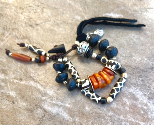 Tribal Boho Bracelet African Batik Bone , Rustic Glass, Baltic Amber Beads - Picture 5 of 11
