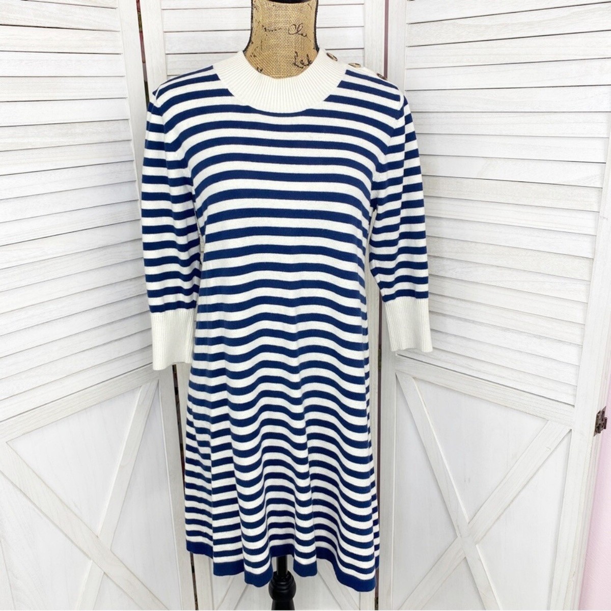 Haley and the Hound Womens Striped Knit Sweater Shift Dress Medium Blue  White