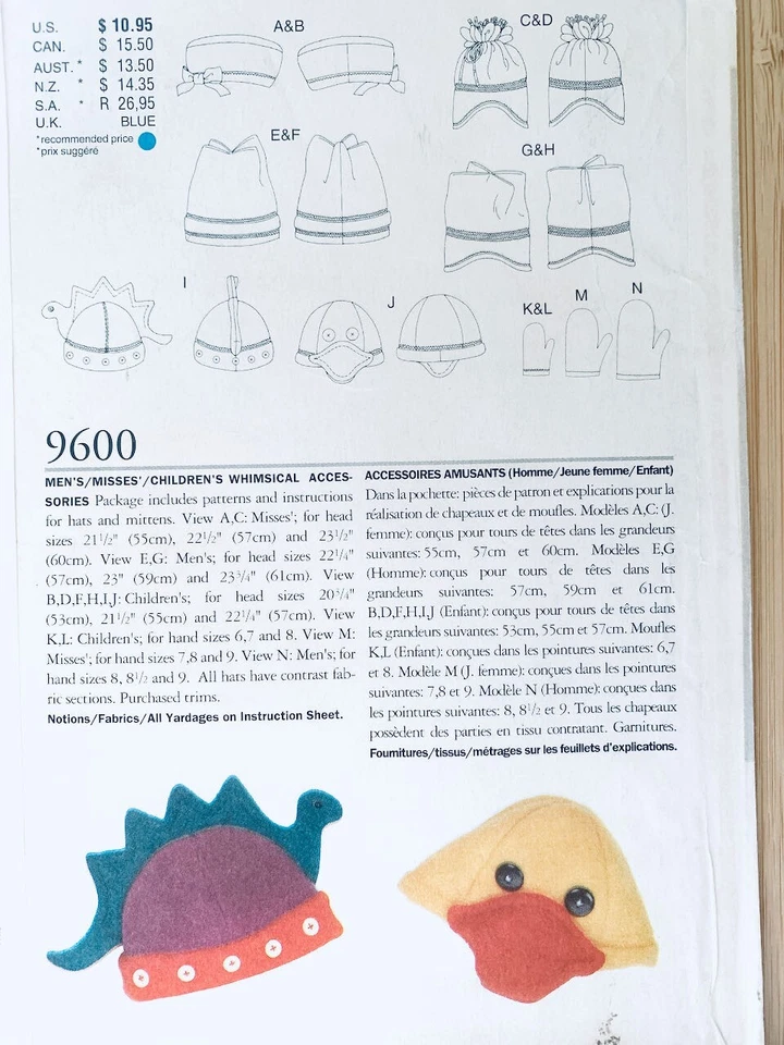 Vogue Pattern 9600 | Mens, Misses, Childs HATS CAPS & GLOVES | All Sizes - Image 2 of 2