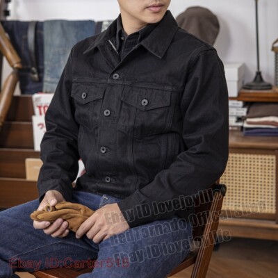 Red Tornado 14oz Men Black Denim Jacket Selvedge Denim Coat Cotton Retro New