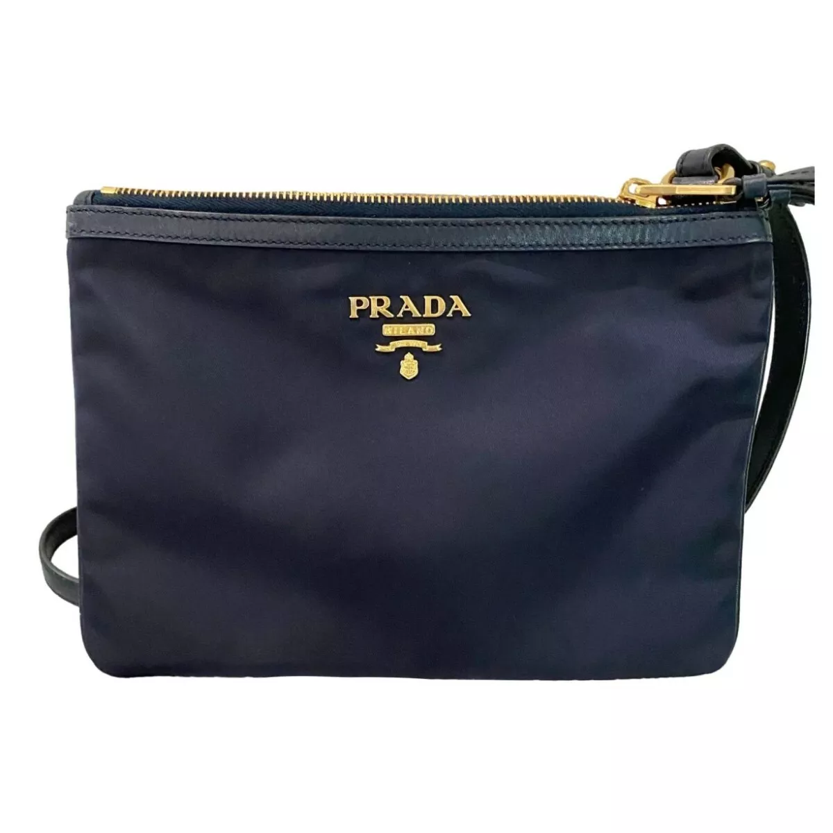 Prada Tessuto Nylon Blue Double Zip Calf Leather Crossbody Bag 1BH046:  Handbags