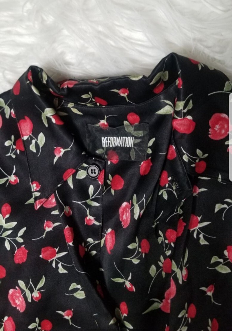 Reformation red roses button down jacket satin si… - image 6