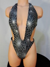 Exotic dancer stripper free size black/silver 1 pc bikini dance outfit-dancewear