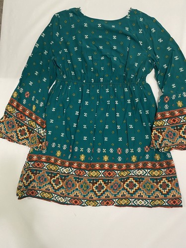 Xhilaration Mediun Kleid Gummibund V-Ausschnitt Glockenärmel grün geblümt - Bild 4 von 9