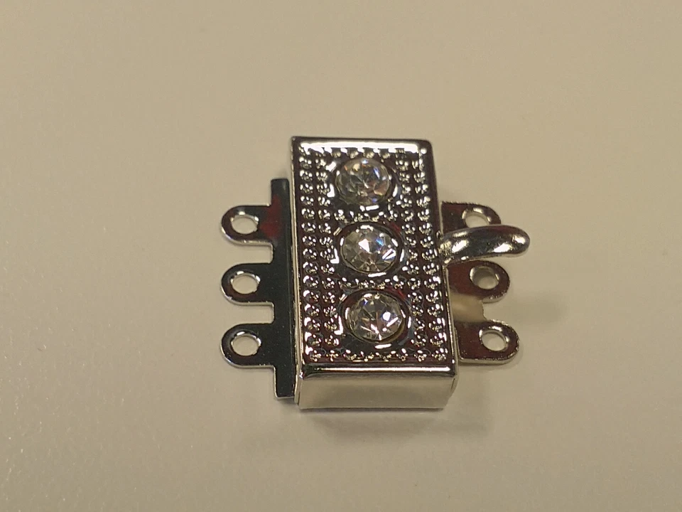 Textured Rhinestone multi strand Box Clasp with 3 rhinestones, Platinum, Brass - Image 2 of 3