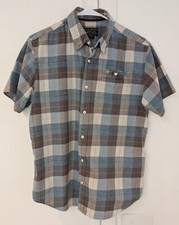 Grizzly Mountain Short Sleeve Shirt Blue Brown Cream Plaid Men's M Double Pocket