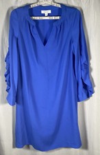 Nine West Dress Womens 4 Blue Solid Ruffle 3/4 Sleeves Career Long Sleeve Vneck