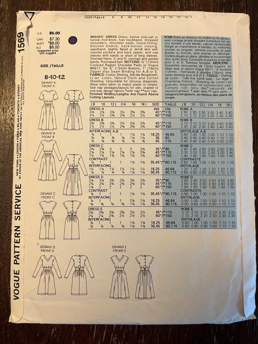 Vogue 1569 UNCUT Sewing Pattern, Misses' Dress, Size 8-10-12 | eBay