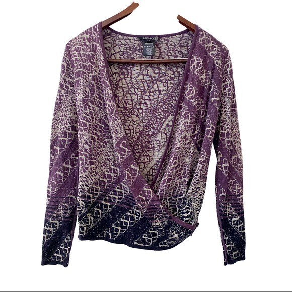 Nic+Zoe Purple Abstract Print Long Sleeve Wrap Top Women's Size Small Work