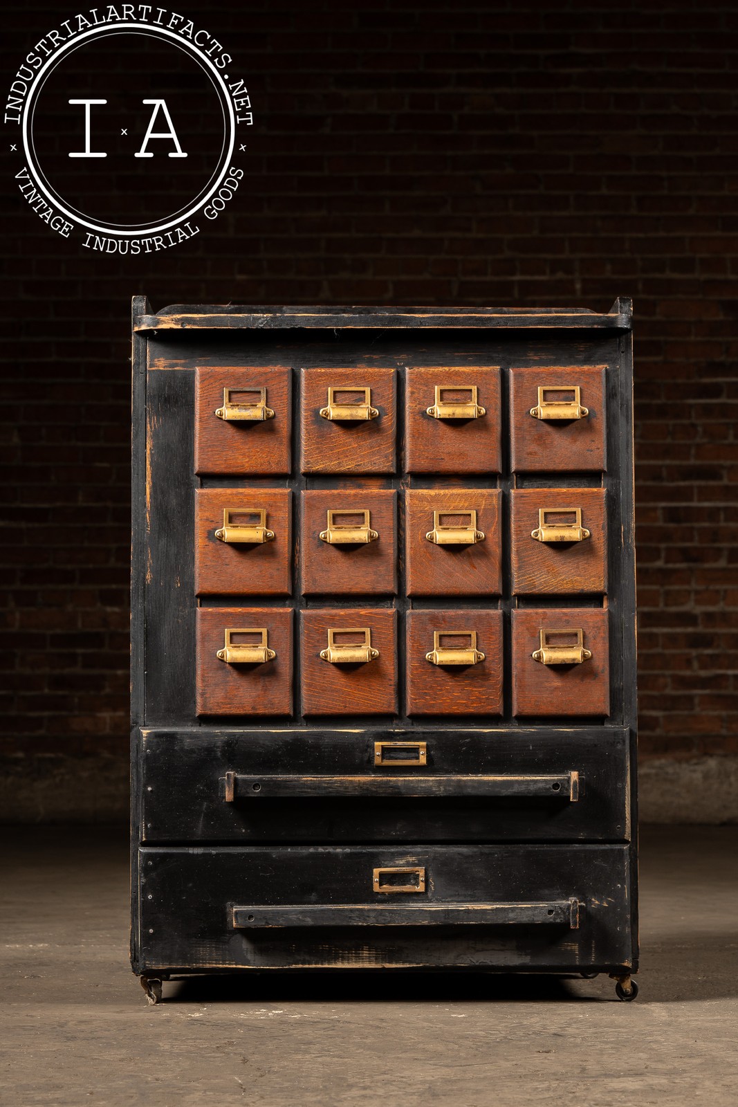 Wooden 14 Drawer Rolling Shop Cabinet in Distressed Black