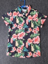 Little Kid's Hawaiian Style Button Up Short Sleeve Shirt Size 5/6 Black Red Blue