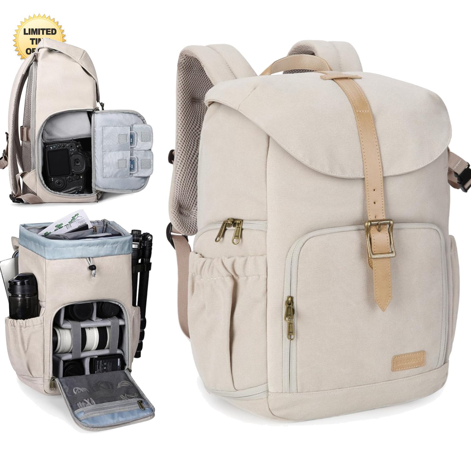 Large Waterproof Canvas Camera Backpack with Laptop Compartm