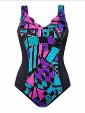 Vintage Maxine of Hollywood 90s 80s One Piece Swimsuit 16W Geometric USA Made