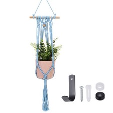 Macrame Plant Hanger, 34 in Plant Hanger with Hook,Wooden Bead Style Blue
