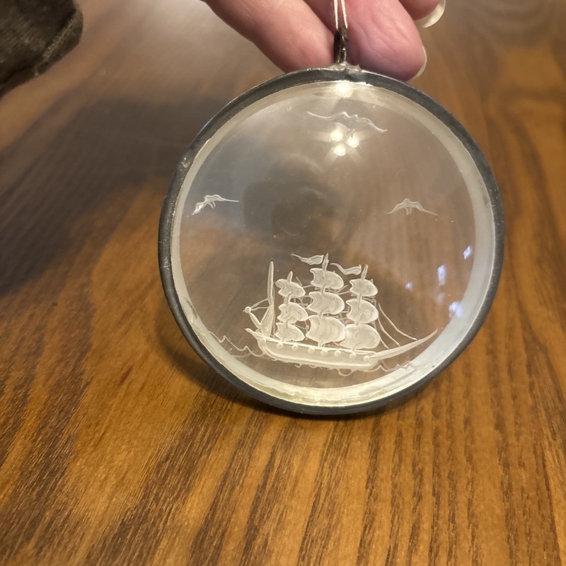Hand Carved Inside Lucite, Oriental Boat, 3 Birds, Ornament