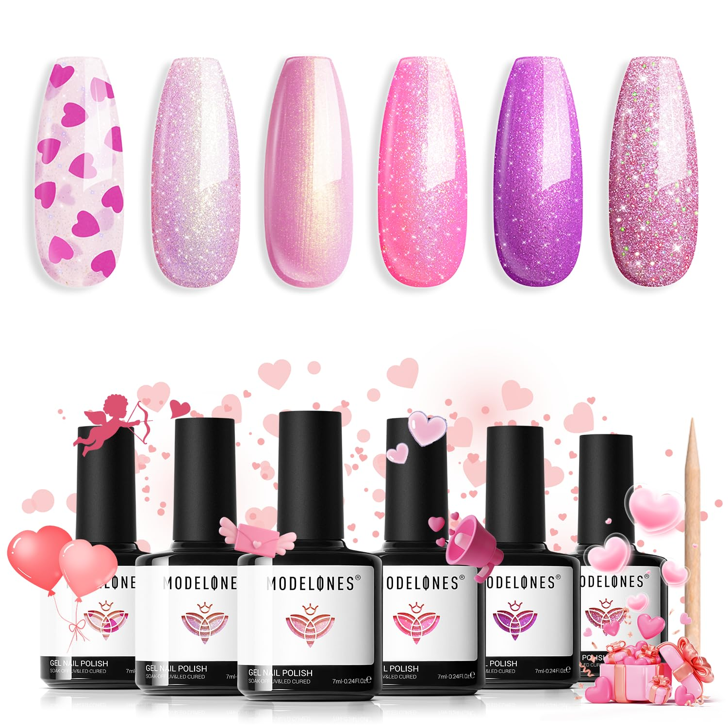 Gel Nail Polish Set, 6 Colors Valentine'S Day Pink Gel Polish Glitter Hot Pink P