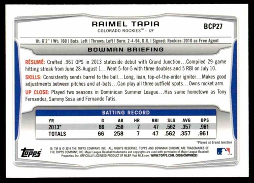 2014 Bowman Chrome Prospects Raimel Tapia #BCP27 - Picture 2 of 2