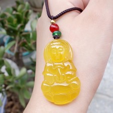 Natural Yellow Ice Jade Marrow Guanyin Jade Pendant Lucky Necklace Amulet