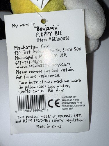 Manhattan Toy Company Benjamin "Floppy Bee" mini plush Vintage (3 available) - Picture 8 of 17