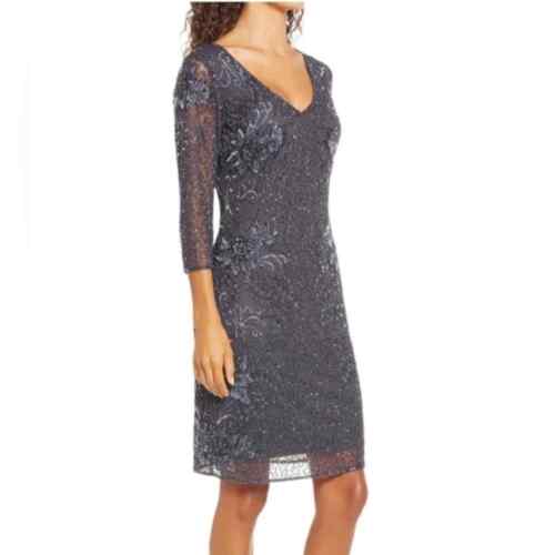 Pisarro Nights Short Beaded 3/4 Sleeve Cocktail Dress Slate Gray Size 18 NWT - Picture 1 of 13
