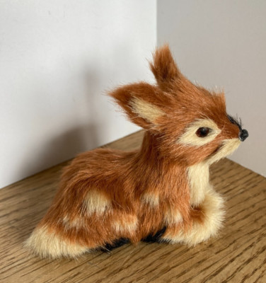 Faux Fur Forest Deer Fawn Small Spotted Baby Deer Reindeer Figurine Lying Down