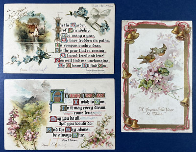 3 New Year Antique Postcards, Gold Trim. Nice Lettering. Scenes. PUBL:Nister