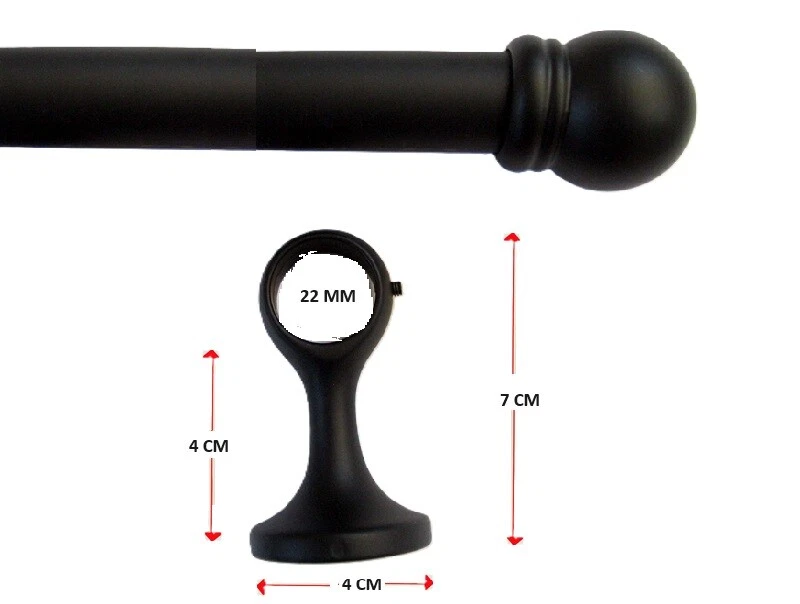 bastone per tenda con supporti e finali NERO OPACO, tubo cm 100 150 200 220 400 - Immagine 2 di 2