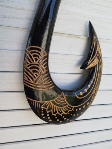 Hawaiian Hand Made Wall Home Decor Solid Black Wood Polynesian Tribal Fish Hook - Picture 10 of 12