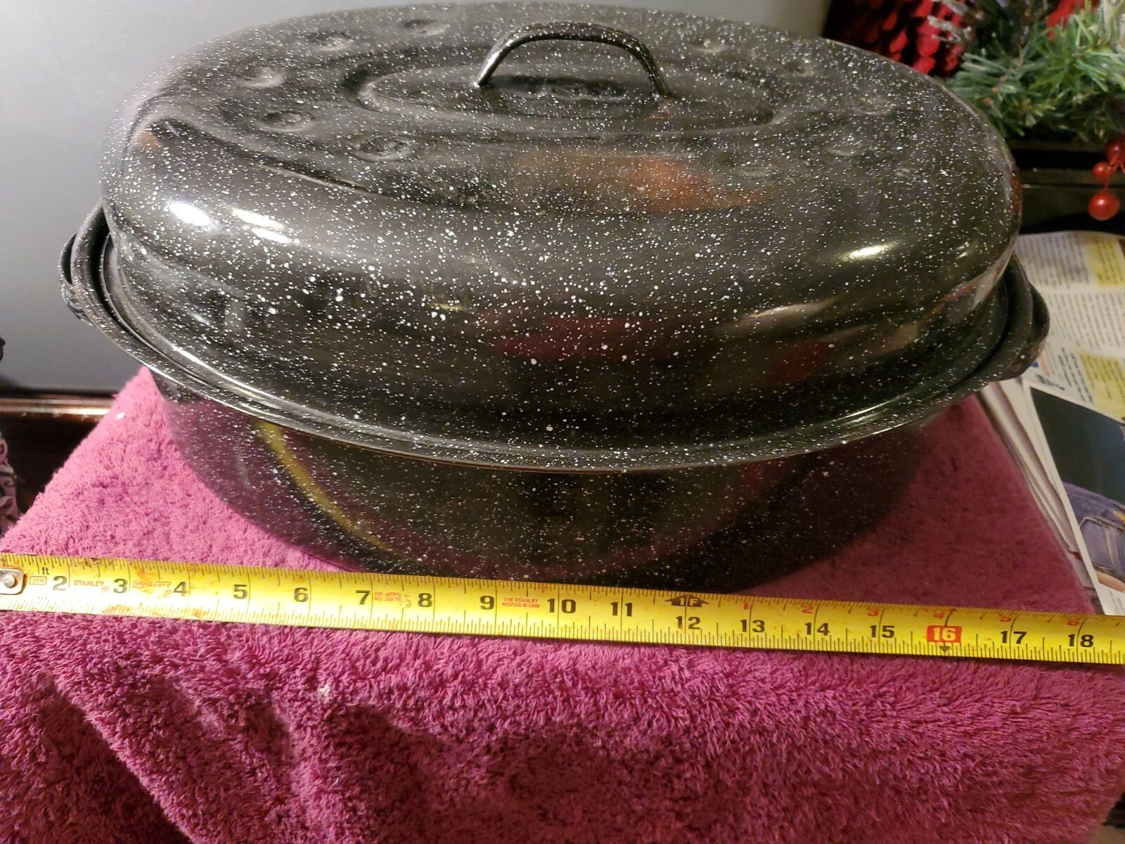 Vintage Oval Oven Roaster Pan Enamel w/ Lid Black Speckled